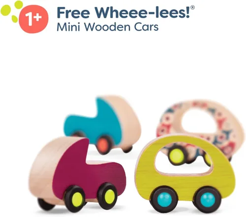 Vista 6 de B. toys Juego de autos de juguete de madera con 6 vehículos coloridos para niños y niños pequeños - Camiones duraderos - Fácil - Juguetes para niños
