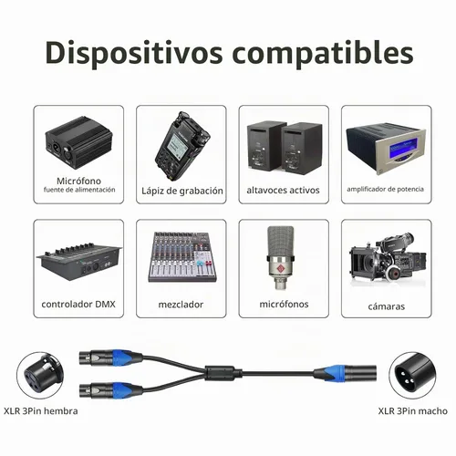 Vista 2 de Divisor XLR, cable divisor XLR equilibrado macho a 2 hembras, cable de micrófono divisor XLR Y de 3 pines (1.6 pies/2 unidades)