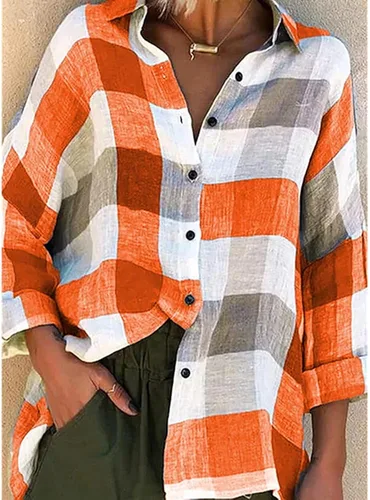 Vista 2 de Mayntop Blusa holgada de manga larga con botones y estampado a cuadros de gran tamaño, bloque de color para mujer