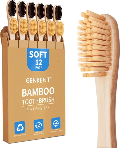 Vista 7 de GENKENT Cepillos de dientes de bambú con cerdas medianas para adultos, paquete de 12, cerdas de 0.008 in