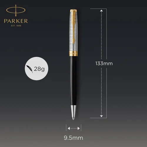 Vista 2 de PARKER Sonnet - Bolígrafo de metal de alta calidad y acabado negro brillante con borde dorado, punta media con recarga de tinta negra, caja de regalo