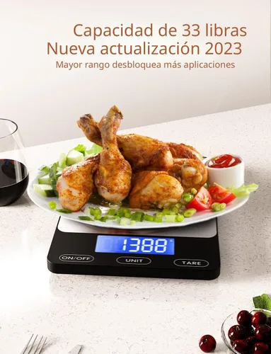 Vista 5 de Báscula de alimentos - Báscula de cocina digital de 33 libras para gramos y onzas de alimentos, recargable, acero inoxidable 304, baterías y carga