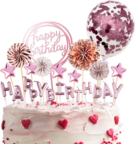 Vista 8 de BEAN LIEVE Juego de velas de cumpleaños, decoración de pastel con velas de pastel, confeti, globos, estrellas y abanicos, decoración de cupcakes, 12