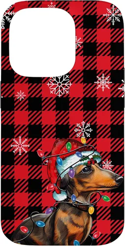 Vista 17 de iPhone 16 Dachshund Christmas Phone Case Red Plaid Pattern Christmas Lights Case