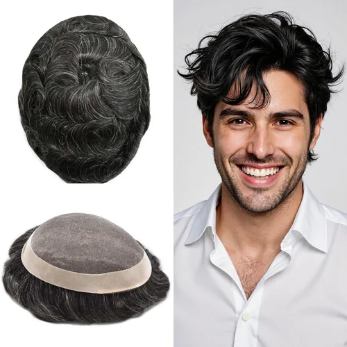 Vista 80 de Mens Toupee Hair Piece Real Human Hair Fine Mono Toupee para hombres Sistema de reemplazo de cabello para hombre Postizo Protesis Capilar Para