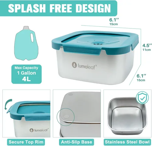 Vista 4 de LumoLeaf Cuenco de agua para perros de 1 galón sin derrames, de acero inoxidable, a prueba de salpicaduras, capacidad máxima, 4 litros, dispensador