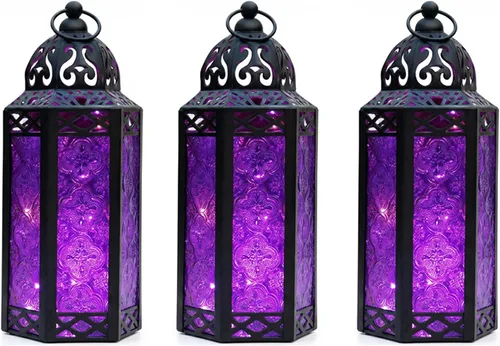 Vista 26 de VELA LANTERNS Juego de 2 portavelas decorativos de LED con luces de hadas de 12" de metal marroquí para colgar o mesa, decoración del hogar