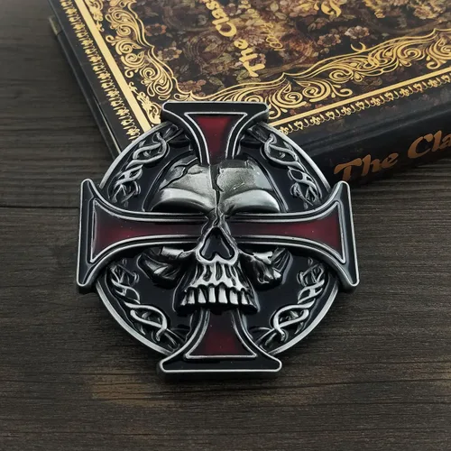 Vista 3 de YOQUCOL QUKE - Hebilla de cinturón de cruz celta con diseño de calavera vintage para hombre, plateado