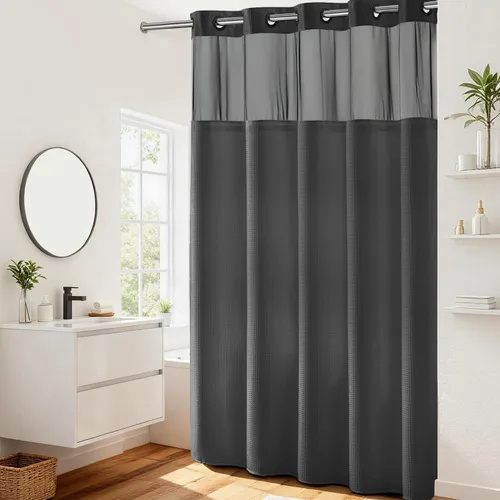 Vista 71 de Cortina de baño River Dream de gran peso sin ganchos necesarios con diseño de gofre punteado y forro a presión - 36W x 74H, de calidad hotelera