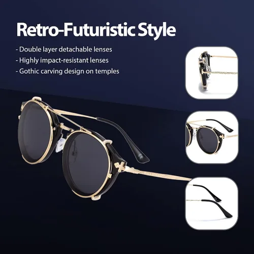 Vista 4 de Technigadgets Wilson - Lentes de sol de doble puente retro steampunk redondos con clip de doble capa extraíble polarizados UV400