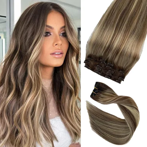 Vista 22 de Extensiones de cabello humano real Remy con clip, color blanco hielo, extensiones de cabello humano natural con clip, 12 pulgadas, 7 piezas, 2.47 oz