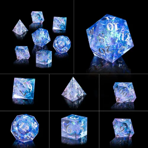 Vista 2 de DND - Juego de dados de resina de borde afilado, hecho a mano, 7 dados poliédricos, juego de dados DND RPG MTG, juego de dados para juegos de rol