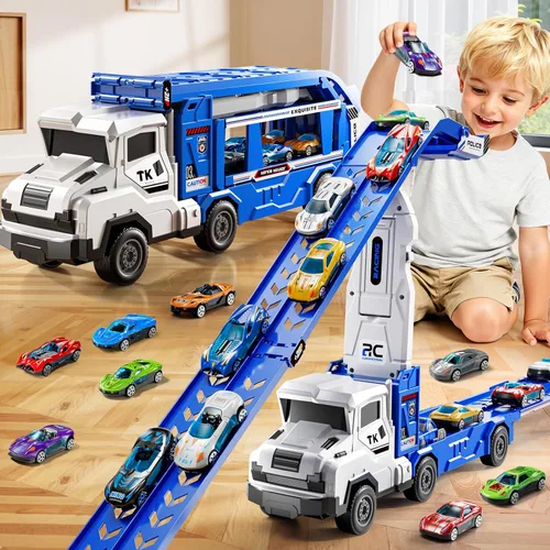Vista 10 de Juego de camiones y coches para niños de 3, 4, 5, 6, 7, 8 años, juego de camiones transportadores con pista de 12 coches fundidos a presión
