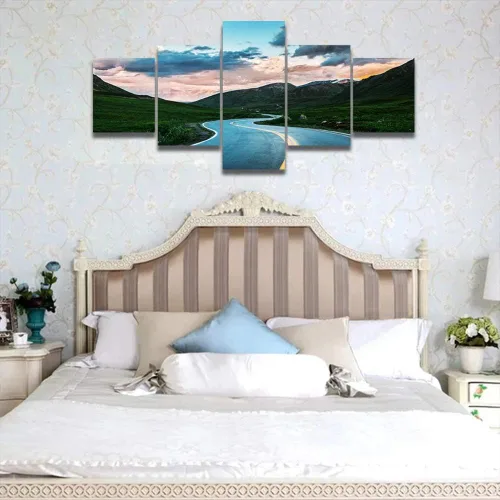 Vista 3 de TUMOVO Lienzo decorativo para pared de sala de estar, 5 paneles de naturaleza, Alaska, Estados Unidos, autopista alrededor de montañas, paisaje