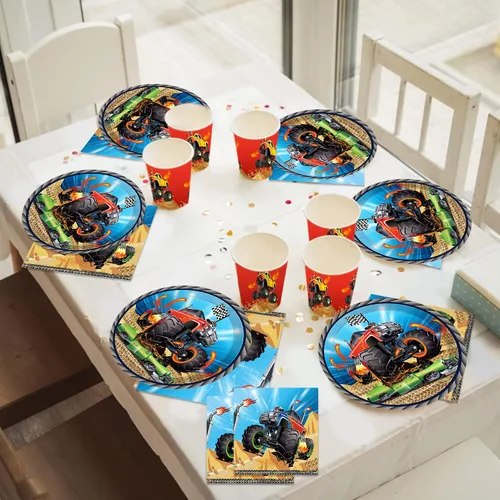 Vista 6 de OXYLIPO Paquete de 24 platos de papel de postre Monster Truck de 9 pulgadas, platos redondos desechables para automóvil, platos de fiesta, baby