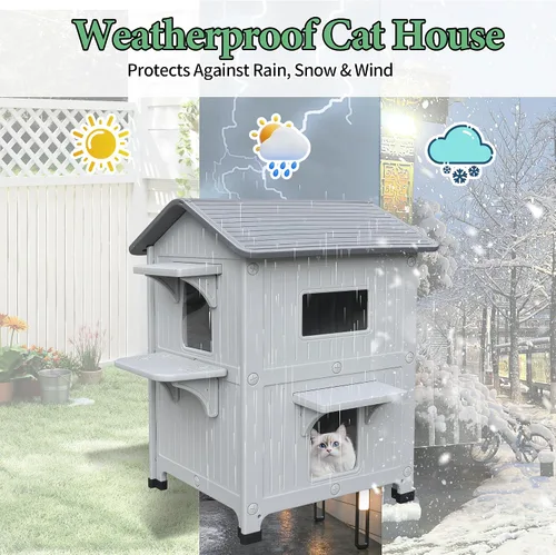 Vista 7 de Casa para gatos al aire libre, resistente a la intemperie, casas de plástico para gatos con puerta de escape, 2 pisos para interiores, impermeable