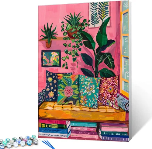 Vista 9 de Aihonmin Estantería 6 Pack Pintar por Números para Adultos Libros Pintura DIY sobre Lienzo con Pinceles Pigmento Manualidades DIY Pintura Acrílica