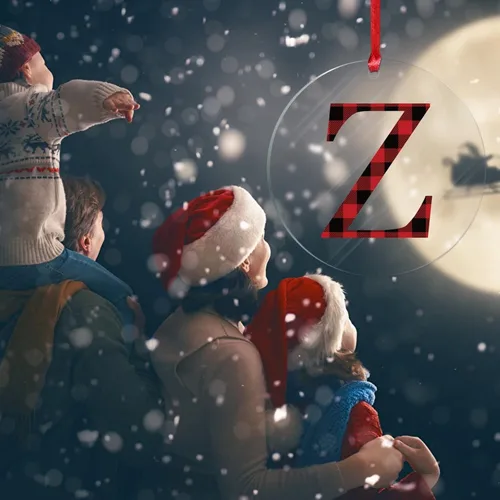 Vista 6 de Adorno colgante de Navidad, monograma personalizado, letra Z, recuerdo del árbol de Navidad, a cuadros, rojo y negro, adorno acrílico a cuadros