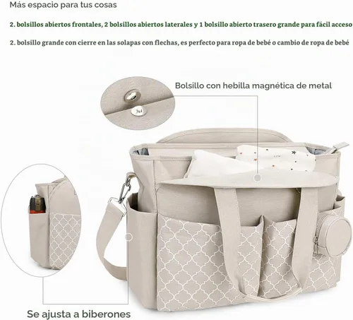 Vista 2 de Lmbabter Bolsa de pañales con cambio de estación de cambio Bolsa de bebé multifunción con correa de hombro ajustable Beige