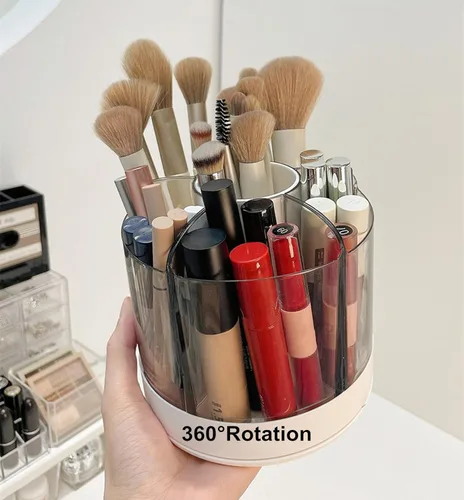 Vista 11 de Organizador de brochas de maquillaje giratorio de 360 grados, diseño desmontable, 5 ranuras, para cosméticos y lápices, organizador para escritorio