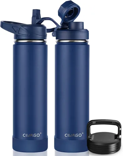 Vista 48 de CIVAGO Botella de agua aislada de 22 onzas con pajita, frasco de agua deportiva de acero inoxidable con 3 tapas