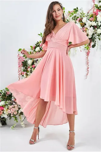 Vista 5 de TORYEMY Vestidos de dama de honor para mujer, vestidos formales plisados de gasa con cuello en V