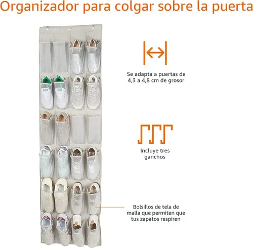 Vista 2 de Amazon Basics - Organizador de zapatos de tamaño mediano para colgar sobre la puerta de 24 bolsillos Sobre la puerta