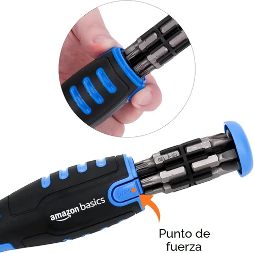 Vista 4 de Amazon Basics Juego de destornilladores magnéticos de trinquete de 12 piezas con múltiples puntas, negro, azul, plateado
