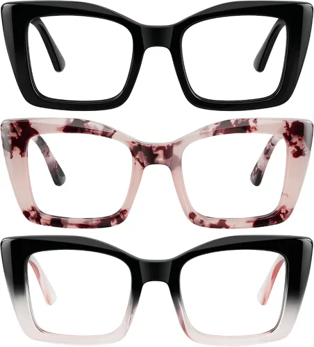 Vista 9 de 3 Pack Reading Glasses for Women Oversized Square Reading Glasses Blue Light Blocking Spring Hinge Readers