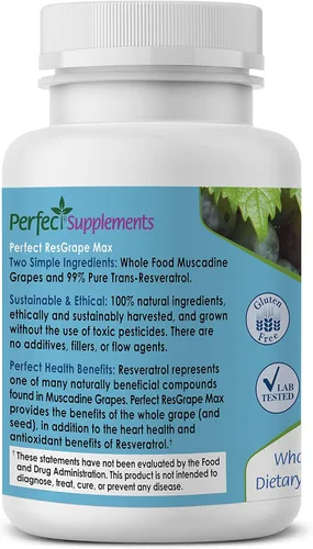 Vista 3 de Perfect ResGrape Max, 60 cápsulas vegetales por botella (paquete de 3) ~ 99% Trans-resveratrol y uva muscadina ~ Suplemento antienvejecimiento