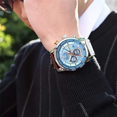Vista 4 de Reloj de cuarzo analógico con correa de cuero para hombre, estilo clásico, informal, de acero inoxidable, impermeable, cronógrafo, fecha, analógico