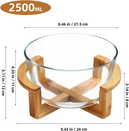 Vista 2 de Ensaladera grande de vidrio con base de madera, 84.5 fl oz, resistente al calor, para frutas, aperitivos, postres, microondas y lavavajillas, ideal