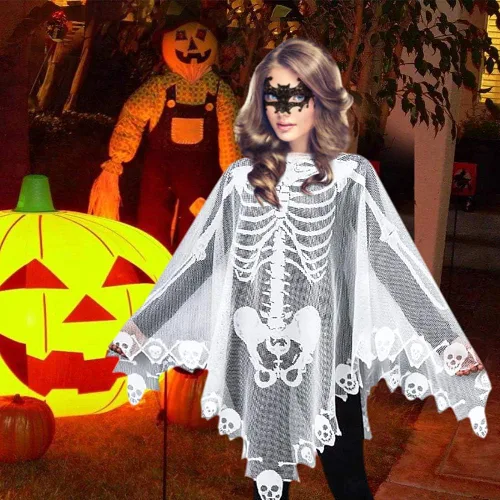 Vista 2 de Disfraz de esqueleto de Halloween para mujer con capa de esqueleto incluye máscara de mascarada para Halloween