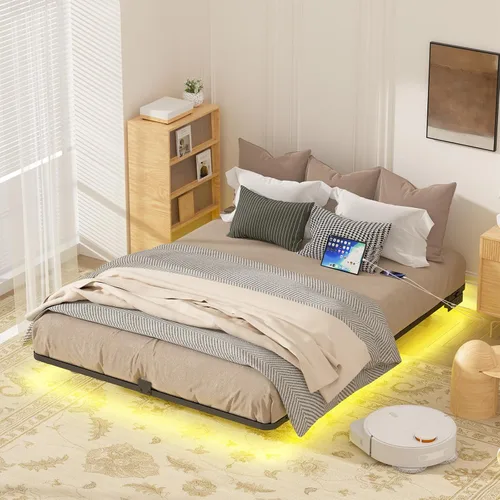 Vista 9 de Marco de cama flotante de tamaño completo con luces LED inteligentes, marco de cama flotante de plataforma de metal resistente, no necesita somier