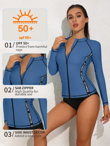 Vista 4 de ATTRACO Rash Guard - Traje de baño de manga larga con cremallera frontal impresa, protección UV UPF 50