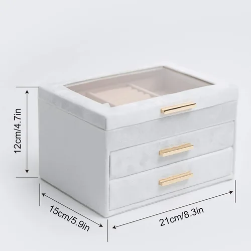 Vista 8 de Organizador de joyas de terciopelo de felpa con 3 cajones cajas de joyería grandes para mujeres con tapa acrílica transparente para almacenamiento