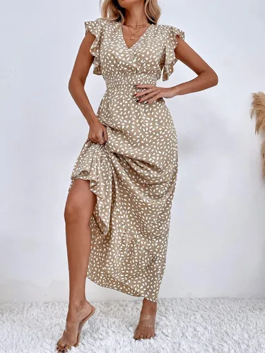 Vista 5 de SheIn Vestido largo con volantes fruncidos para mujer, manga casquillo, cuello en V