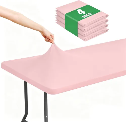 Vista 25 de Moosfor Paquete de 4 manteles rectangulares de elastano de 4 pies, elásticos y ajustables para pícnic, elásticos y lavables, para exteriores, Beige