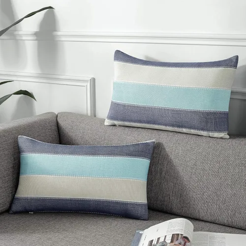 Vista 13 de AmHoo - Juego de 2 fundas de almohada decorativas para casa de campo, a rayas y a cuadros, juego de fundas de almohada de algodón y lino para sofá