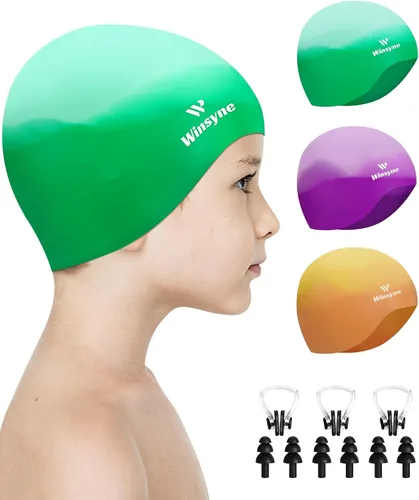 Vista 11 de 3 Pack Kids Swim Cap for Boys Girls, Unisex Silicone Swimming Caps for 3-15 Toddler Children Teen, Waterproof Bathing Caps for Short/Long Hair to