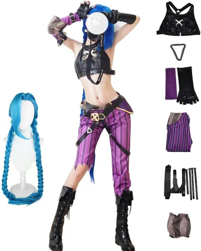 Vista 7 de Disfraz completo de Halloween para mujer con peluca azul