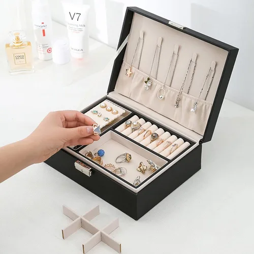Vista 7 de ZUZ003A - Caja organizadora de joyas para mujeres y niñas, estuche de almacenamiento grande de 2 capas, soporte de exhibición de piel sintética