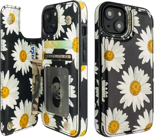 Vista 18 de HAOPINSH Funda tipo cartera con tarjetero para iPhone 14/13, diseño de Girasoles Bandera Americana