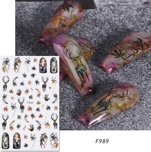 Vista 5 de 6 hojas de calcomanías de arte de uñas de otoño, Acción de Gracias, otoño, hoja de arce 3D, diseños de calabaza, ardilla, nuez, transferencia