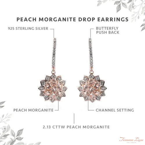 Vista 2 de Femme Luxe Pendientes colgantes colgantes chapados en oro rosa de 18 quilates de 213 GTW de morganita de melocotón en plata de ley 925 Metal
