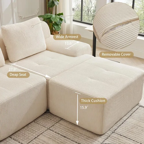 Vista 43 de Sofá modular modular con otomana móvil, sofá de asiento profundo con almohadas, cómodo sofá modular de nube para sala de estar, dormitorio y Blanco