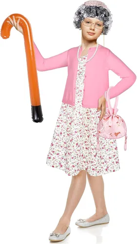 Vista 5 de 28 Pcs Old Lady Costume for Kids 100th Day of School Grandma Cosplay Dress Cardigan Bag Bandana head accessories