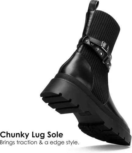 Vista 4 de DREAM PAIRS Women's Ankle Boots Lug Sole Chunky Heel Platform Chelsea Booties Elastic Gore Mid Calf Boots