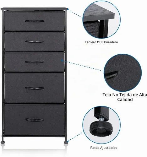 Vista 6 de ZENY Torre de almacenamiento vertical con 5 cajones, marco de metal resistente, parte superior de madera, contenedores de tela fáciles de tirar