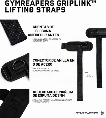 Vista 7 de Gymreapers Correas de elevación GripLink: correas de muñeca resistentes con anillo en D con cuentas de agarre de silicona antideslizantes, soporte